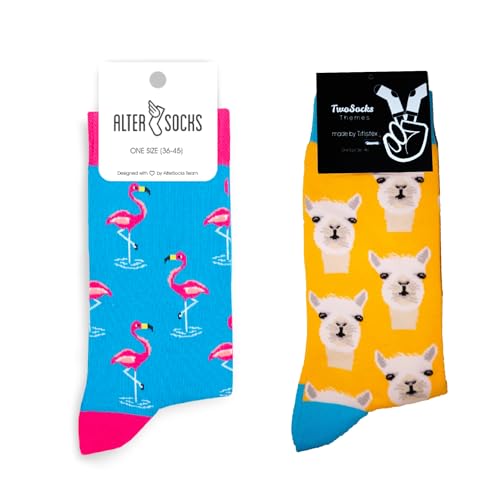 TwoSocks Weihnachtsmann Socken Herren & Damen lustige und witzige Strümpfe als Geschenk, Baumwolle, Einheitsgröße (Alpaka + Flamingo) von TwoSocks