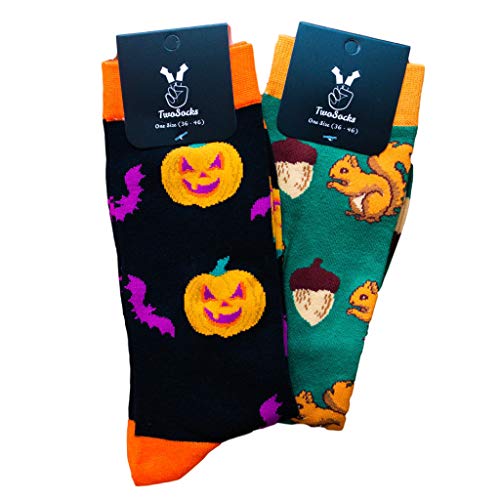 TwoSocks Halloween Socken Halloween Socks perfekt als Halloween Kleinigkeiten geeignet für Socken Damen Socken Herren (Eichhörnchen + Kürbis) von TwoSocks