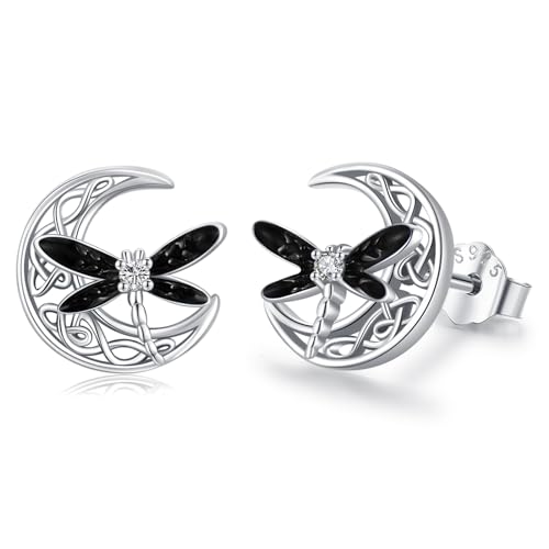 Keltische Mond Ohrringe 925 Sterling Silber Libelle Ohrstecker Irisch Keltischer Schmuck Geschenke für Frauen Mädchen (Black)… von Twoowl