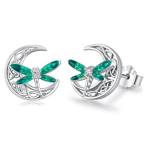 Keltische Mond Ohrringe 925 Sterling Silber Libelle Ohrstecker Irisch Keltischer Schmuck Geschenke für Frauen Mädchen (Green)… von Twoowl
