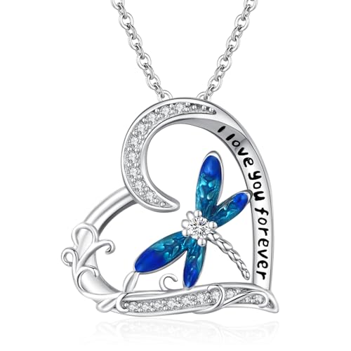 Twoowl Libellen-Halskette für Damen 925er-Sterlingsilber „Ich liebe dich für immer“ Herz-Anhänger-Halskette Tiere Libellen-Schmuck Jahrestag Geburtstag Geschenke für Sie Frau Freundin von Twoowl