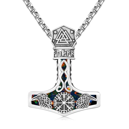 Twoowl Mjölnir Halskette Sterling Silber Schwarzer Opal Wikinger Kompass Anhänger Odin Thor Hammer Kette Herren Rabe Halskette Nordische Runen Vegvisir Amulett Schmuck Geschenke für Frauen Männer von Twoowl