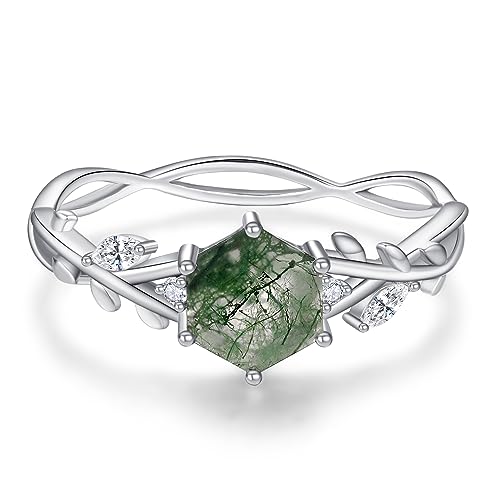 Twoowl Ring aus natürlichem Moosachat, 925er Sterlingsilber, Achat, Sechseck-Ringe, Versprechenring, Verlobungsring, Hochzeitsschmuck, Geschenk für Frauen, Metall, Achat von Twoowl