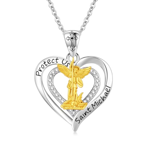 Twoowl Saint Michael Halskette 925er-Sterlingsilber Herz Erzengel Michael Erzengel schützt uns katholisches Amulett religiöser Schutz Schmuck Geschenke für Frauen Mutter von Twoowl