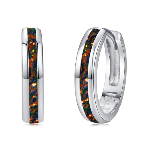Twoowl Schwarze Opal Ohrringe 925er Sterling Silber Opal Huggie Creolen Schmuck für Frauen Mädchen Männer von Twoowl