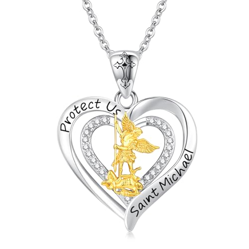 Twoowl St. Michael Halskette 925er-Sterlingsilber Herz Heiliger Erzengel Michael Erzengel schützt uns katholisches Amulett religiöser Schutz Schmuck Geschenke für Frauen Mutter von Twoowl