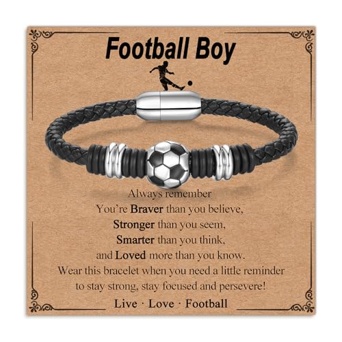 Twutqel Fußball Lederarmband für Jungen, Schwarz Geflochtenes Seil Handgelenke Armband mit Edelstahl Fußball Charm, Fußball Schmuck Geschenke für Sohn Enkel Freunde Team, Einheitsgröße, Leder, Kein Twutqel Fußball Lederarmband für Jungen, Schwarz Geflochtenes Seil Handgelenke Armband mit Edelstahl Fußball Charm, Fußball Schmuck Geschenke für Sohn Enkel Freunde Team, Einheitsgröße, Leder, Kein von Twutqel