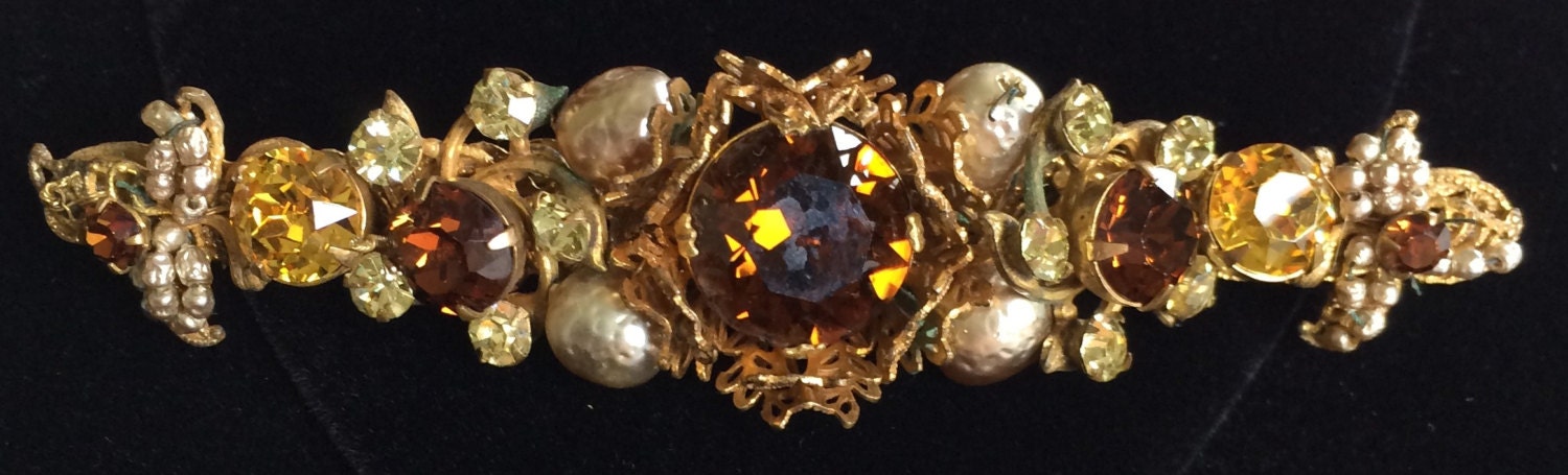 Auffällige Vintage Miriam Haskell Bar Brosche Pin ~Bernstein/Topas Kristall Strass-Barock/Saatperlen/Gold Ton Filigran~Signiert von TyTimelessSparkles