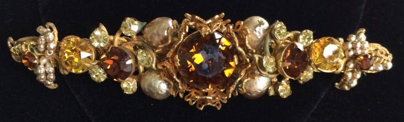 Auffällige Vintage Miriam Haskell Bar Brosche Pin ~Bernstein/Topas Kristall Strass-Barock/Saatperlen/Gold Ton Filigran~Signiert von TyTimelessSparkles