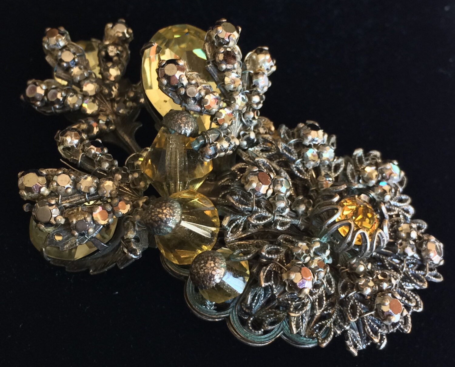 Auffällige Vintage Miriam Haskell Brosche Pin ~Citrin Glas/Kristalle/Aurum Strass/Antik Silber Ton Filigran~Signiert von TyTimelessSparkles