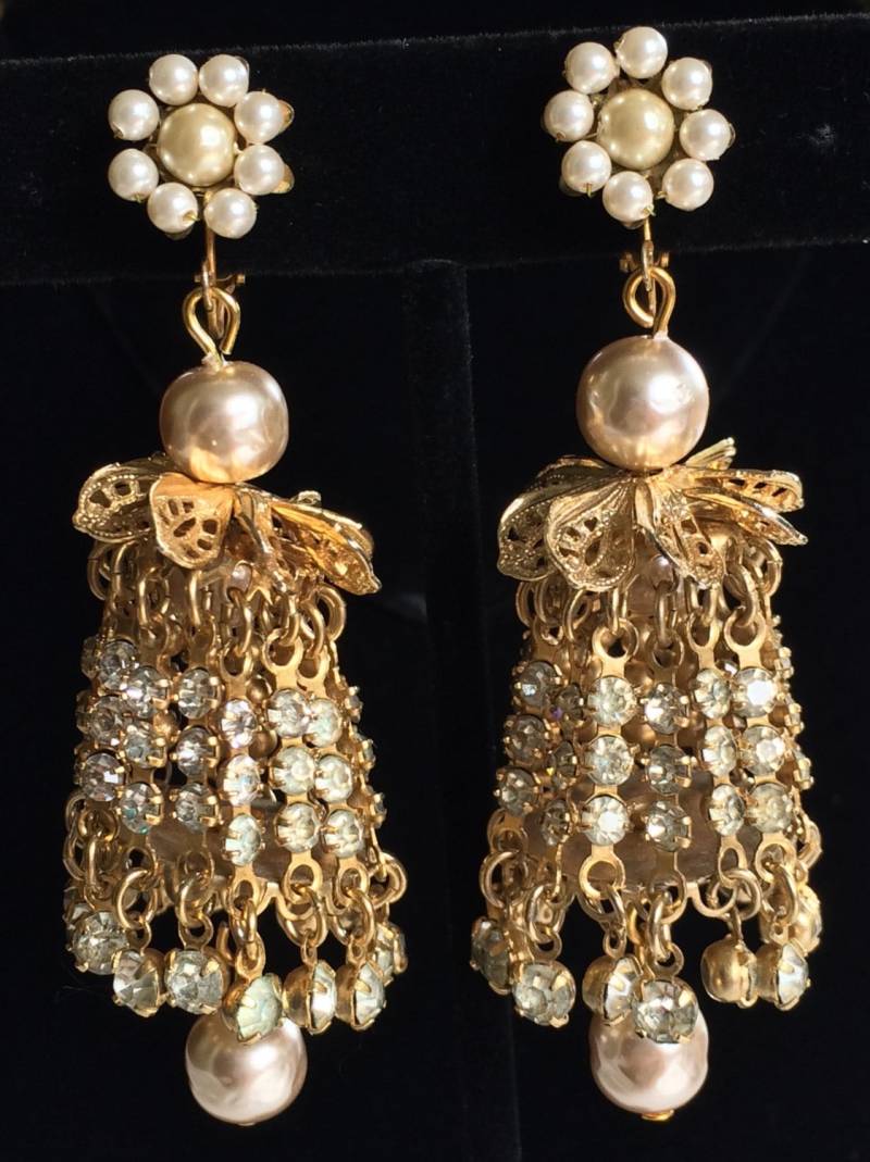 Fabelhafte Vintage Miriam Haskell Extra Lange Kronleuchter Ohrringe~Barock Perlen/strass/Gold-Ton Filigran~Signiert von TyTimelessSparkles