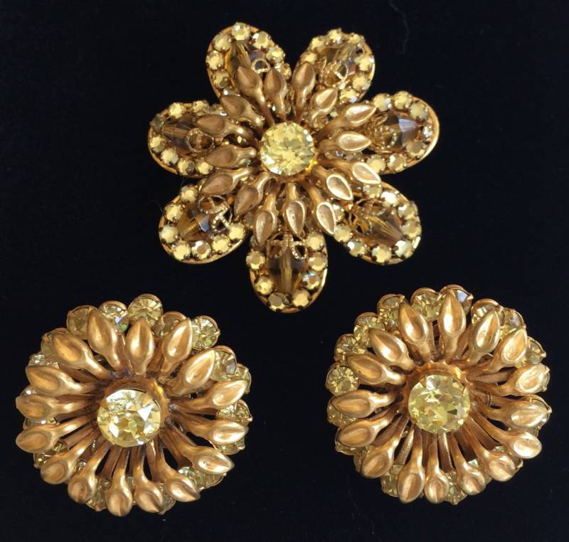 Funkelnde Vintage Miriam Haskell Brosche Pin & Ohrringe Set~Citrin/Topaz~Kristalle/strass/Vergoldet Filigran~Signiert von TyTimelessSparkles