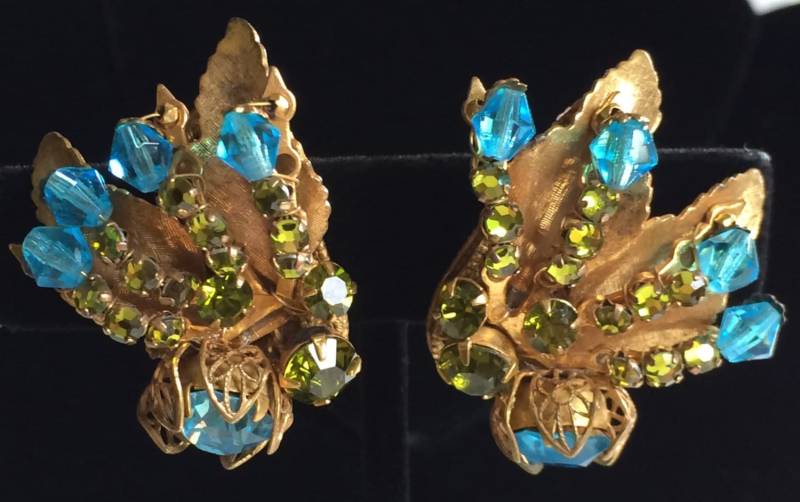 Funkelnde Vintage Miriam Haskell Ohrringe~Aqua Blau/Peridot Grün Kristall Strass/Gold Ton Filigran~Signiert von TyTimelessSparkles