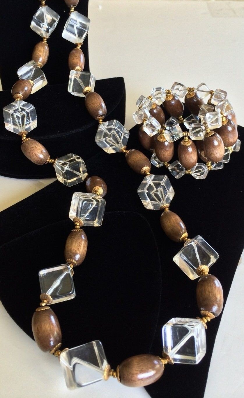 Wunderschöne Miriam Haskell Halskette Armband Set~Lucite/Holzperlen~Signiert von TyTimelessSparkles