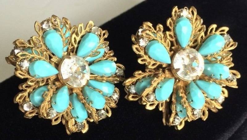 Wunderschöne Vintage Miriam Haskell Ohrringe~Türkisblaue Steine/Klare Strasssteine/Goldton~Signiert von TyTimelessSparkles