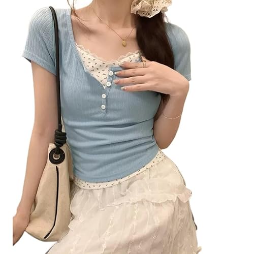Damen-T-Shirt mit Spitzenbesatz, Y2K, niedliches T-Shirt mit Blumenmuster, Sommer, gerippt, bauchfreies Top, Fairycore, Baby-T-Shirt, Cottagecore 90er-Jahre-Shirt, Blau, Groß von Tyadorw