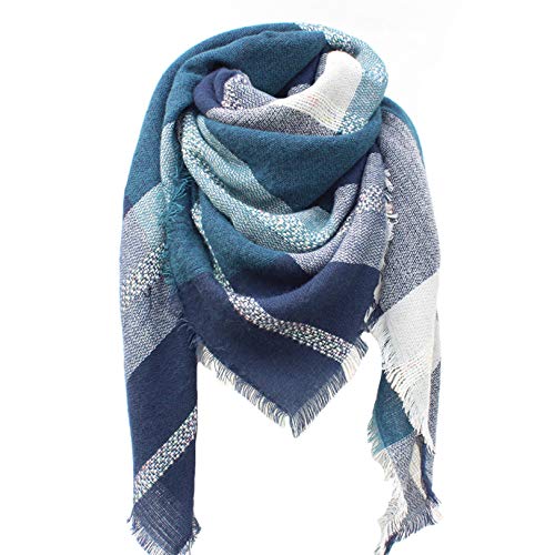 Tybiky Damen Schal Kariert übergroßer Warm Weich Strickschal Karo XXL Winterschal Herbstschal Wolleschal Frauen Deckenschal Halstuch Scarf Poncho Cape (Blau) von Tybiky