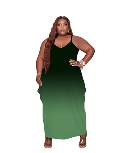 Tycorwd Damen Plus Size Casual Maxikleider Sommer Strapse Strandkleid Sommerkleid mit Taschen, Dunkelgrüner Farbverlauf 1, 5XL von Tycorwd