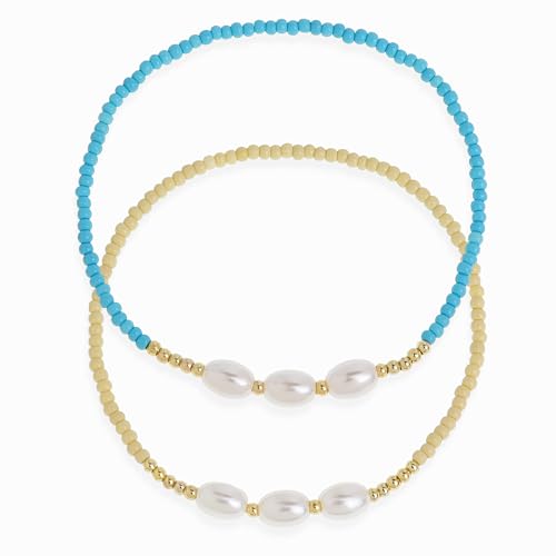 Tyebiva Süßwasserperlen-Rocailles-Armbänder, stapelbar, Freundschaftsarmbänder-Set für Frauen, 2 Stück, zierliche, handgefertigte Boho-Armbänder, türkisfarbene, beigefarbene Stretch-Armbänder Tyebiva Süßwasserperlen-Rocailles-Armbänder, stapelbar, Freundschaftsarmbänder-Set für Frauen, 2 Stück, zierliche, handgefertigte Boho-Armbänder, türkisfarbene, beigefarbene Stretch-Armbänder von Tyebiva