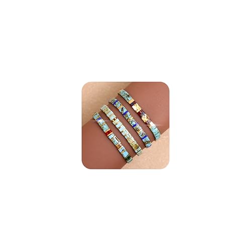 Tyebiva Tila flache Perlenarmbänder für Frauen, 4 Stück, trendige, handgefertigte Miyuki Glas-Stapel-Perlen, Stretch-Armband, festliches Urlaubszubehör, Schmuckgeschenk., 7, Messing, Kein Edelstein von Tyebiva