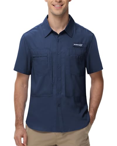 Tyhengta Angelhemd für Männer Schnell Trocken Freizeithemd UPF 50+ UV-Schutz Arbeitshemden Kurzarm Outdoor Angeln Wanderhemd Marineblau,XXL von Tyhengta