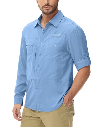 Tyhengta Freizeithemden für Männer Langarm Angelhemd UV-Schutz Funktionhemd Atmungsaktiv Outdoor Campinghemd Safari Shirt Graublau,M von Tyhengta