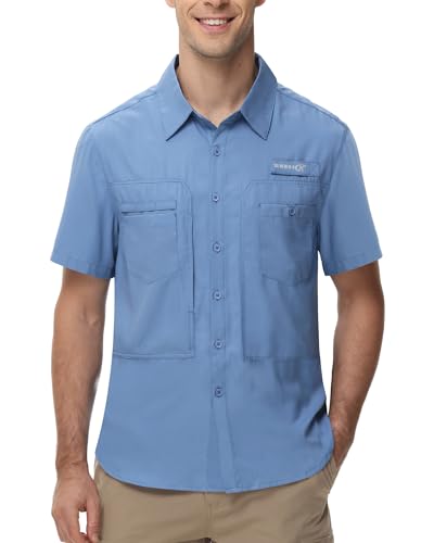 Tyhengta Funktionshemd Herren Kurzarm Freizeithemden Atmungsaktiv Sport Safari Shirt Schnell Trocknend Outdoor Shirt Wandern Camping Hemd Graublau,L von Tyhengta