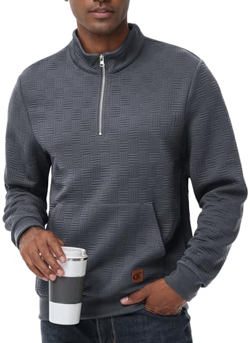 Tyhengta Half Zip Pullover Herren Sweatshirt Langarm Stehkragenpullover Waffel Strickpulli Winter Baumwollpullover Dunkelgrau, XXL von Tyhengta