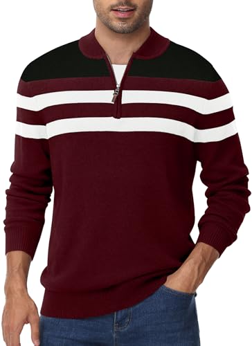 Tyhengta Herren Pullover Winter Strickpulli Half Zip Strickpullover Baumwolle Pulli Pullover Stehkragen mit Reißverschluss Weinrot, 3XL von Tyhengta