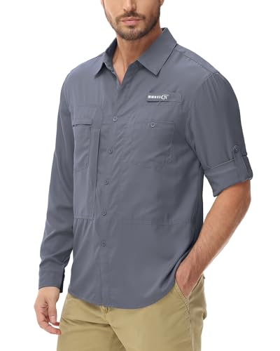Tyhengta Herren Hemd UPF 50+ UV-Schutz Shirt Langarm Anglerhemd Schnell Trocken Outdoorhemd Sommer Freizeithemd mit Tasche Dunkelgrau,L von Tyhengta