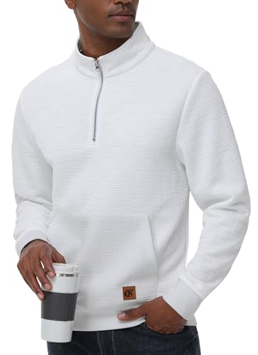 Tyhengta Herren Pullover Langarm Sweatshirt Half Zip Pullover Warm Strickpullover Waffel Stehkragenpullover mit Tasche Weiß, XL von Tyhengta