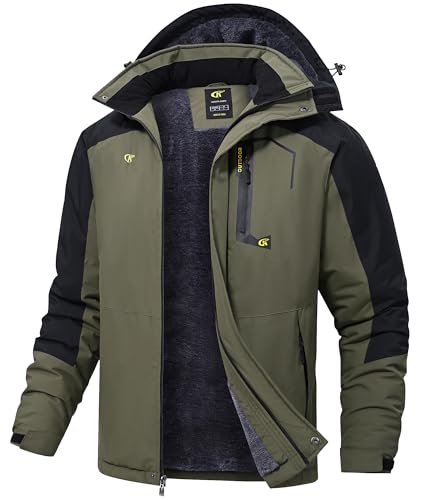 Tyhengta Herrenjacke Winter Fleece Skijacken Wasserdichte Outdoor Wanderjacke Winddichte Gefüttert Wintermäntel mit Kapuze Armeegrün,M von Tyhengta