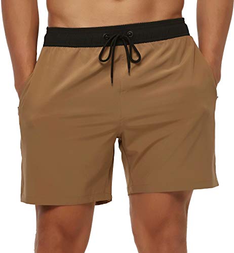 Tyhengta Mens Stretch Swim Trunks Quick Dry Beach Shorts with Zipper Pockets and Mesh Lining Khaki 30 von Tyhengta