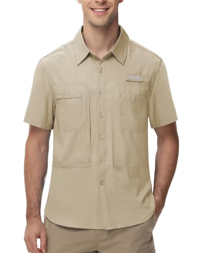 Tyhengta Outdoor Hemd Herren Kurzarm Arbeitshemd Atmungsaktiv Funktionshemd UV-Schutz Shirt Wandern Outdoorhemd Freizeithemden mit Tasche Khaki,M von Tyhengta