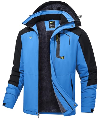 Tyhengta Ski Jacke Herren Wasserdichte Fleece Jacken mit Kapuze Outdoor Wintermantel Winddichte Wander Campingjacke Blau Grau,XXL von Tyhengta
