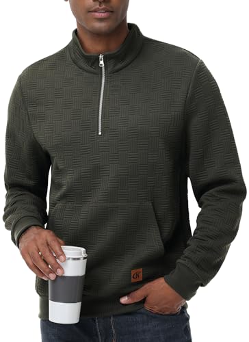 Tyhengta Sweatshirt Herren Pullover Waffel Baumwollpullover Winter Strickpullover Stehkragen Sweatshirt mit Tasche Armeegrün, XXL von Tyhengta