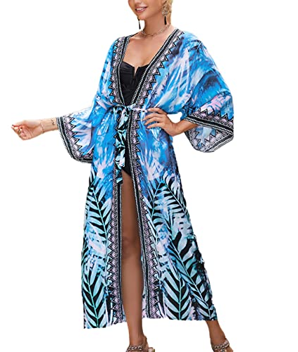 Tyidalin Damen Kimono Cardigan Sommer Strandkleid Lang Strandponcho Maxi Pareo Blumendruck (Farbe 34, Einheitsgröße) von Tyidalin