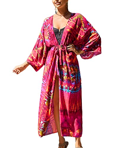 Tyidalin Damen Kimono Cardigan Sommer Strandkleid Lang Strandponcho Maxi Pareo Blumendruck (Farbe 35, Einheitsgröße) von Tyidalin