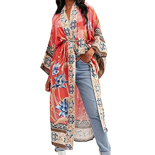 Tyidalin Damen Kimono Cardigan Sommer Strandkleid Lang Strandponcho Maxi Pareo Blumendruck (Farbe 6) von Tyidalin