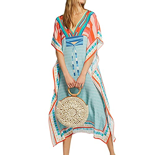 Tyidalin Damen Strandkleid Boho Strandponcho Maxi Lange Pareo Sommerkleid Maxikleid Lose Kaftan Blumendruck für Urlaub(Farbe 1, Einheitsgröße) von Tyidalin