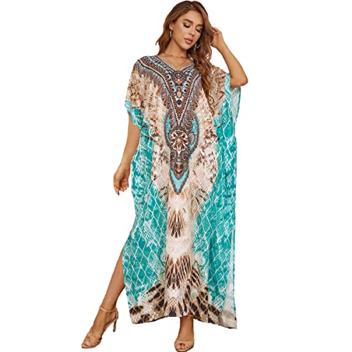 Tyidalin Damen Strandkleid Boho Strandponcho Maxi Lange Pareo Sommerkleid Maxikleid Lose Kaftan Blumendruck für Urlaub(Farbe 12, Einheitsgröße) von Tyidalin