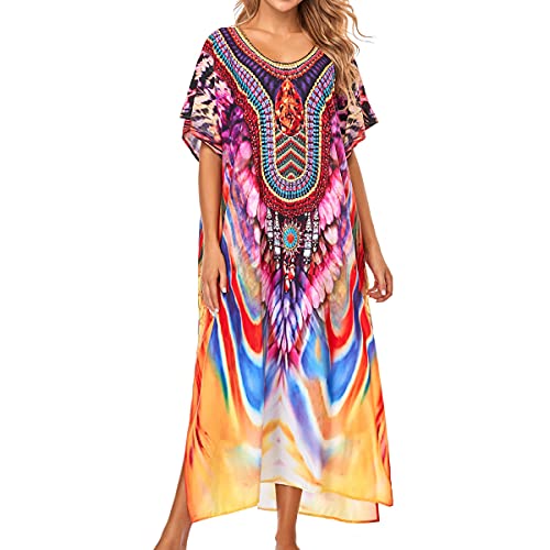 Tyidalin Damen Strandkleid Boho Strandponcho Maxi Lange Pareo Sommerkleid Maxikleid Lose Kaftan Blumendruck für Urlaub(Farbe 17, Einheitsgröße) von Tyidalin