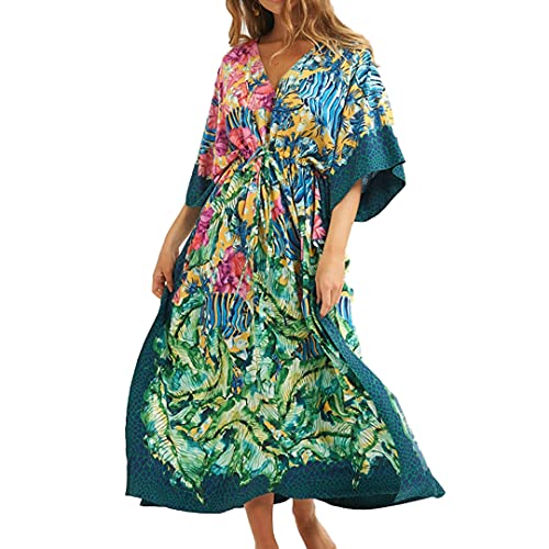 Tyidalin Damen Strandkleid Boho Strandponcho Maxi Lange Pareo Sommerkleid Maxikleid Lose Kaftan Blumendruck für Urlaub(Farbe 20, Einheitsgröße) von Tyidalin