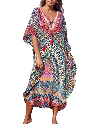 Tyidalin Damen Strandkleid Boho Strandponcho Maxi Lange Pareo Sommerkleid Maxikleid Lose Kaftan Blumendruck für Urlaub(Farbe 4, Einheitsgröße) von Tyidalin