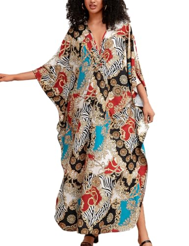 Tyidalin Damen Strandkleid Boho Strandponcho Maxi Lange Pareo Sommerkleid Maxikleid Lose Kaftan Blumendruck für Urlaub(Farbe 5, Einheitsgröße) von Tyidalin