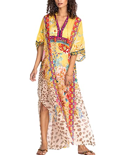 Tyidalin Damen Strandkleid Boho Strandponcho Maxi Lange Pareo Sommerkleid Maxikleid Lose Kaftan Blumendruck für Urlaub (Farbe 30, Einheitsgröße) von Tyidalin