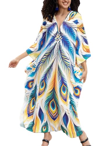 Tyidalin Damen Strandkleid Kaftan Maxi Lang Strand Kleid Bohemian Kimono Tunika Leicht Strand Übergröße (Farbe 06, Einheitsgröße) von Tyidalin