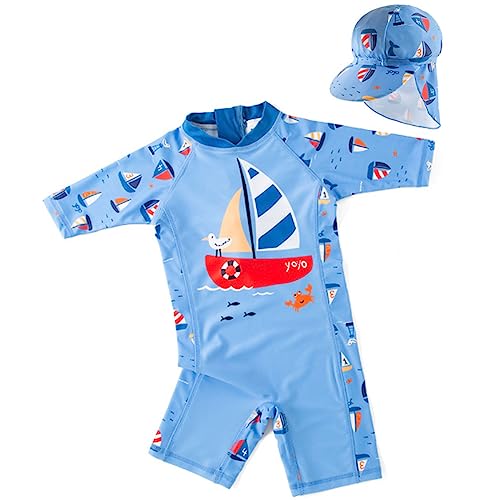 Tyidalin Jungen Badeanzug Einteiler Baby Schwimmanzug UV-Schutz Kinder Badebekleidung Bademode mit Sonnenhut, Hellblau, 110-116 (Etikette 6) von Tyidalin