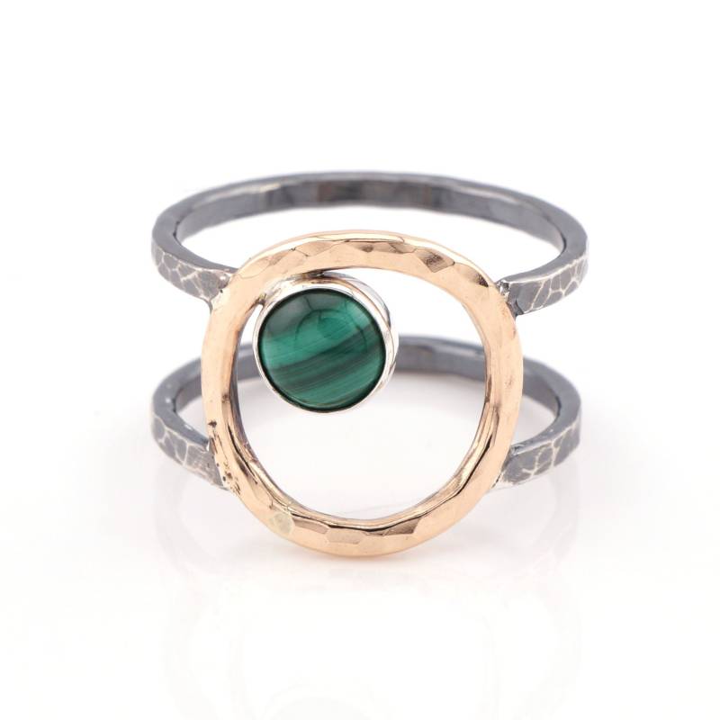 Malachit Kreis Ring - Oxidiertes Silber Und 14K Gold Filled Einzigartiger Mischmetall Doppel Bandring Orbit Grün Malachit Kreis Ring - Oxidiertes Silber Und 14K Gold Filled Einzigartiger Mischmetall Doppel Bandring Orbit Grün von TylerHaasDesigns