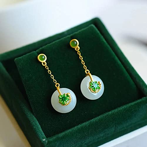 Ohrring Altgold Intarsien Lotusblatt Und Tian Jade Ohrringe Chinesischer Stil Elegant Damen Silberschmuck von Tylyund